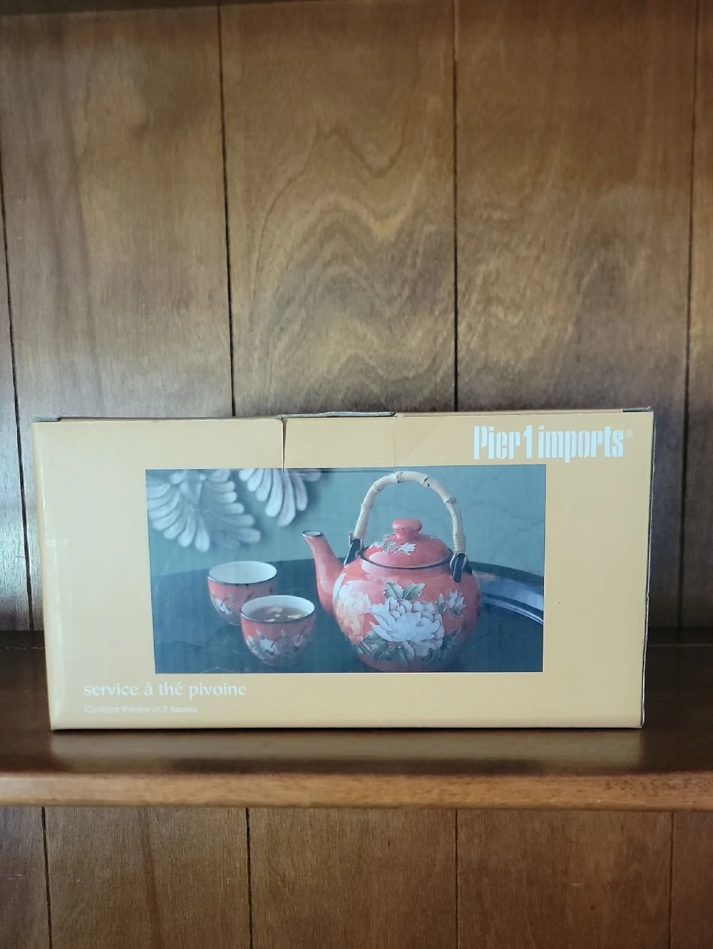 Pier 1 Coral Base Floral Ceramic Teapot Set.